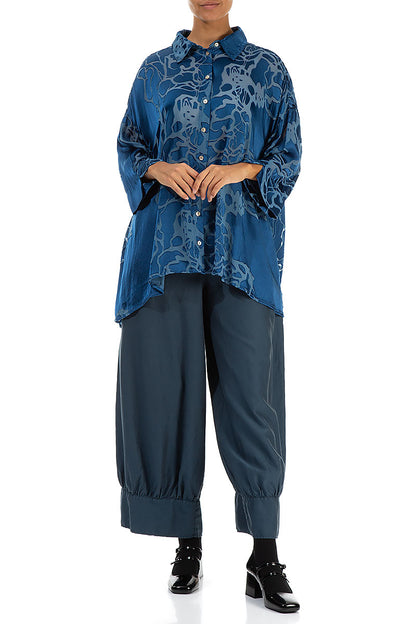 Loose Floral Azure Silk Shirt