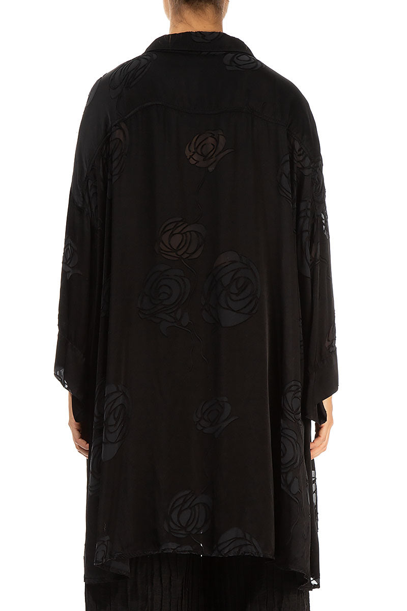 Loose Floral Black Silk Shirt