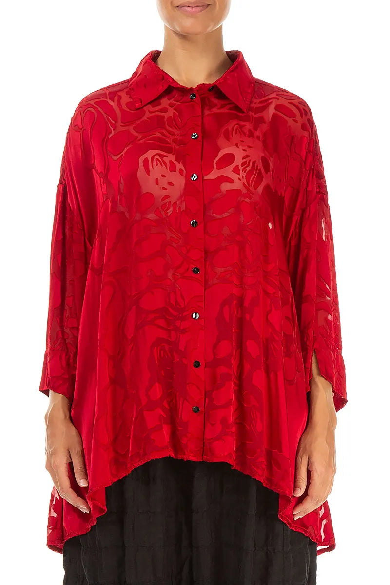 Loose Floral Cherry Red Silk Shirt 1