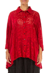 Loose Floral Cherry Red Silk Shirt 1