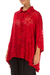Loose Floral Cherry Red Silk Shirt 3