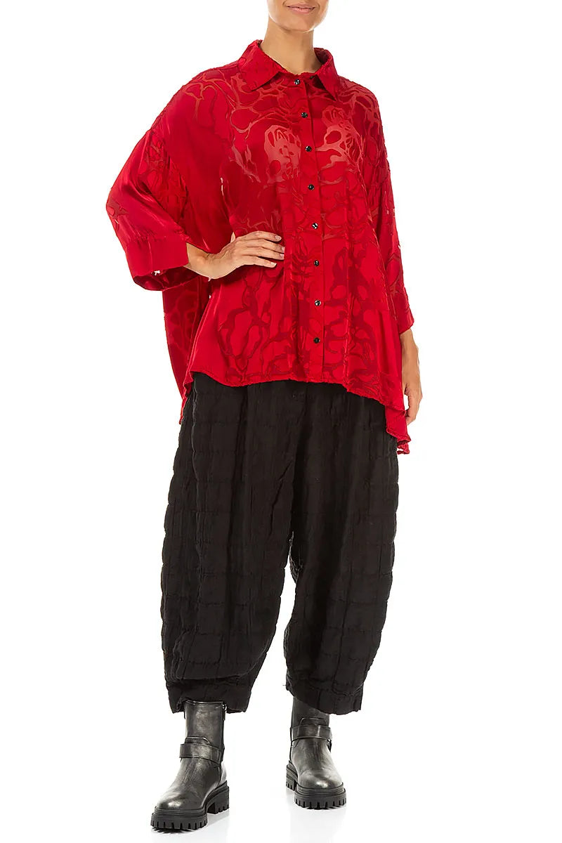 Loose Floral Cherry Red Silk Shirt 4