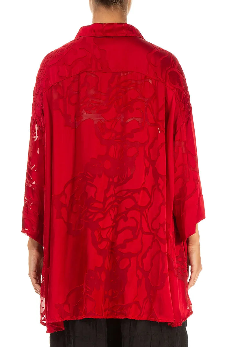 Loose Floral Cherry Red Silk Shirt 2