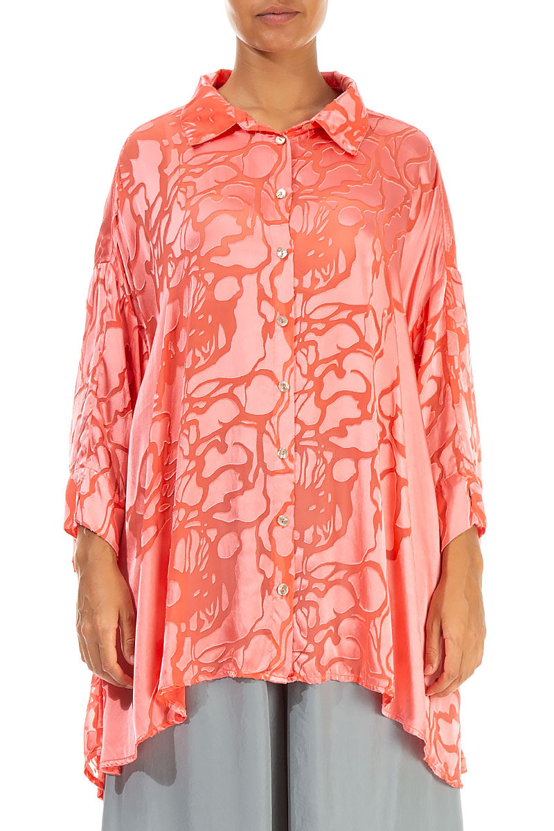 Loose Floral Living Coral Silk Shirt