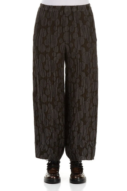 Loose Forest Brown Circle Silk Linen Trousers 1
