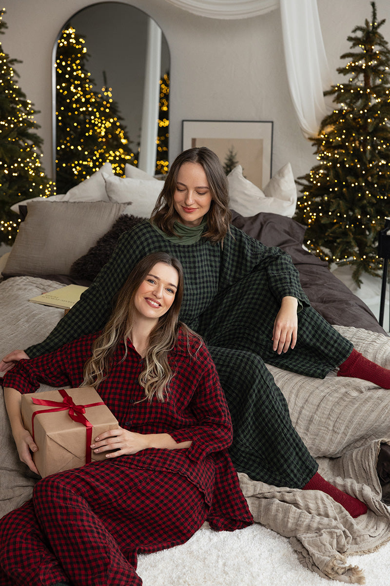 Loose Forest Mist Check Linen Blouse