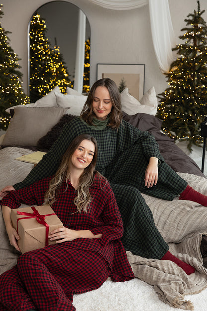 Loose Forest Mist Check Linen Blouse