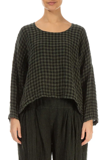 Loose Forest Mist Check Linen Blouse 1