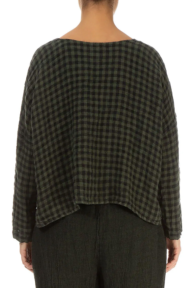 Loose Forest Mist Check Linen Blouse 2