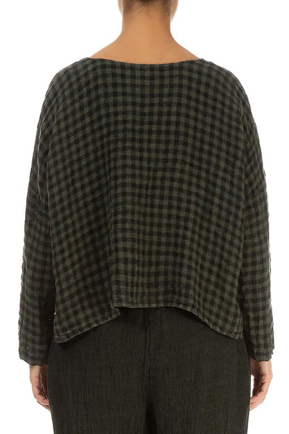 Loose Forest Mist Check Linen Blouse 2