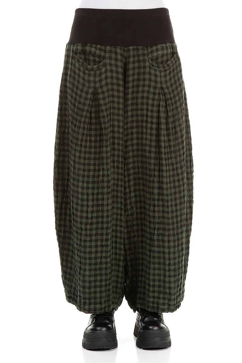 Loose Forest Mist Check Linen Trousers 1