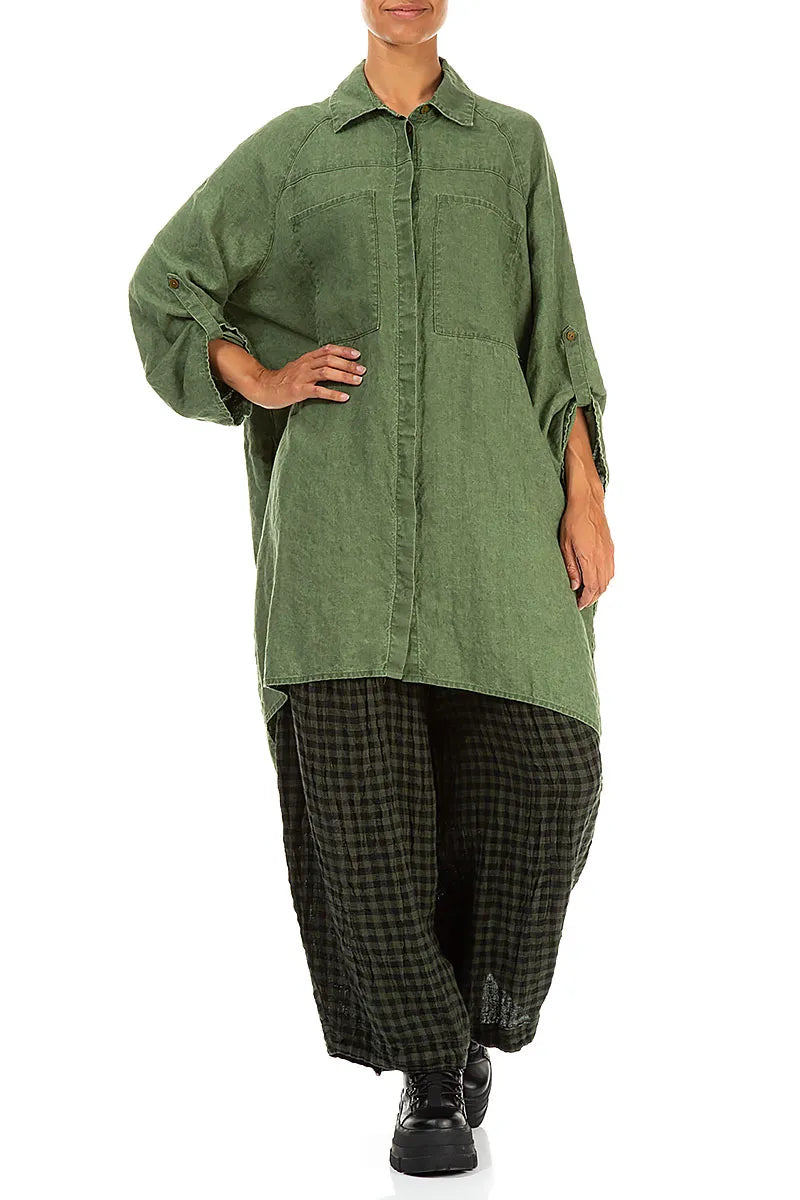 Loose Forest Mist Check Linen Trousers 4