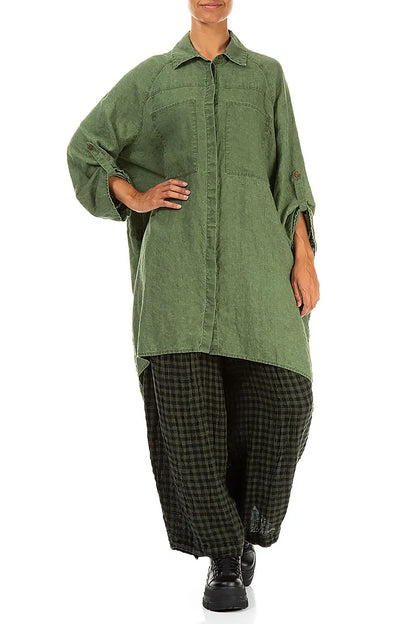 Loose Forest Mist Check Linen Trousers 4