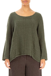 Loose Forest Mist Textured Linen Blouse 1