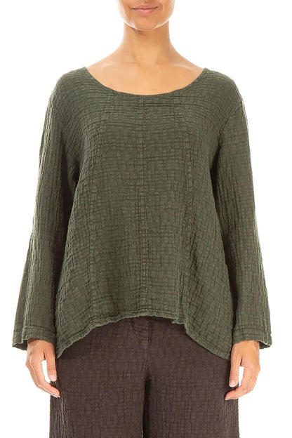 Loose Forest Mist Textured Linen Blouse 1