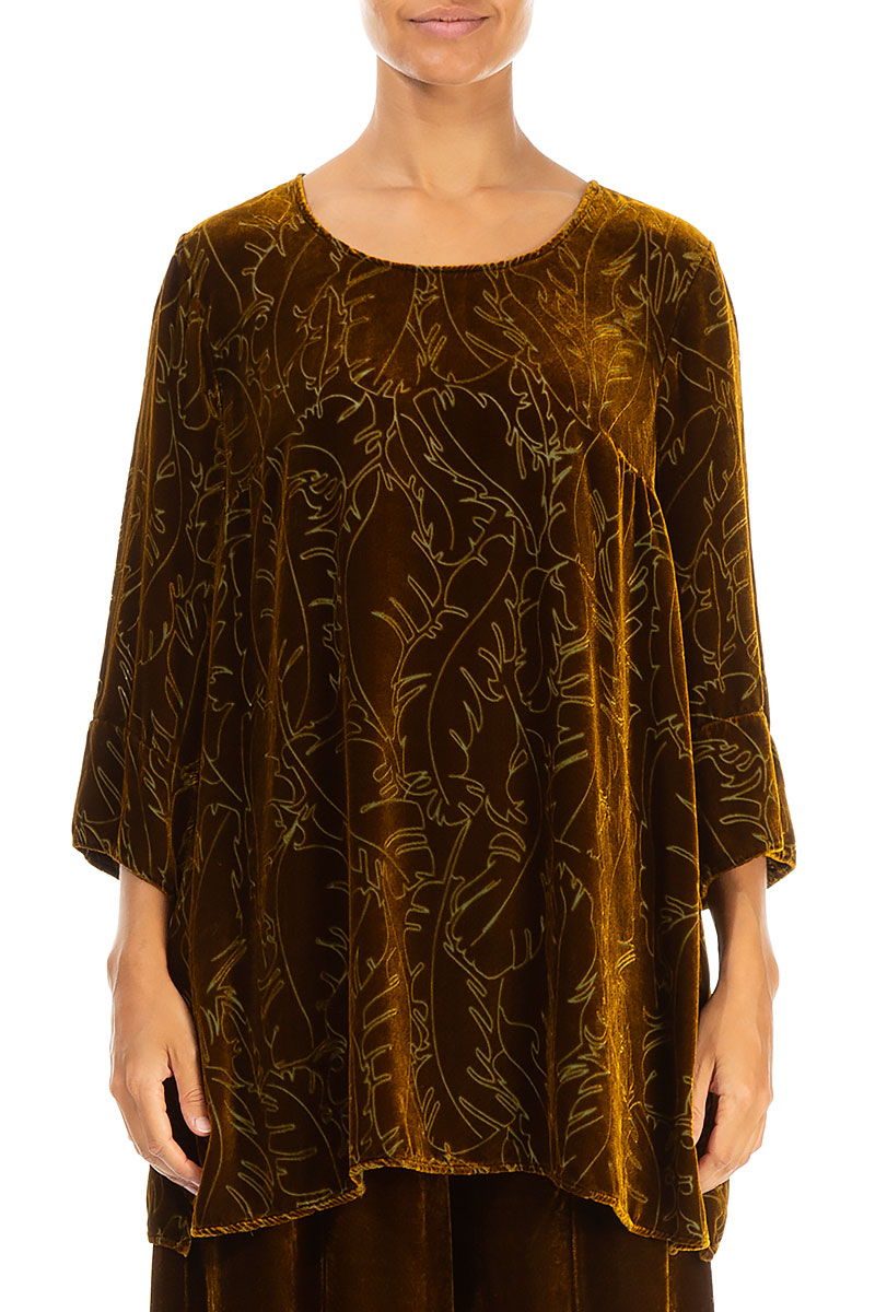 Loose Golden Olive Devoré Feather Silk Velvet Tunic