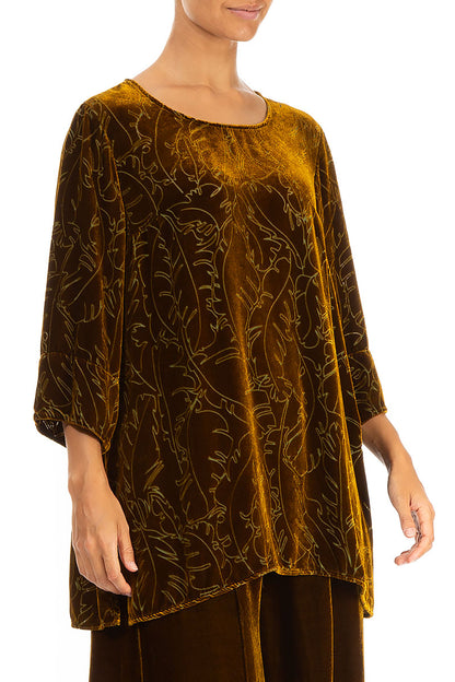 Loose Golden Olive Devoré Feather Silk Velvet Tunic