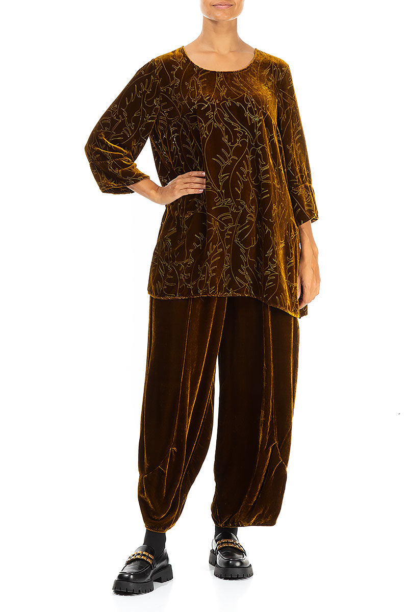 Loose Golden Olive Devoré Feather Silk Velvet Tunic