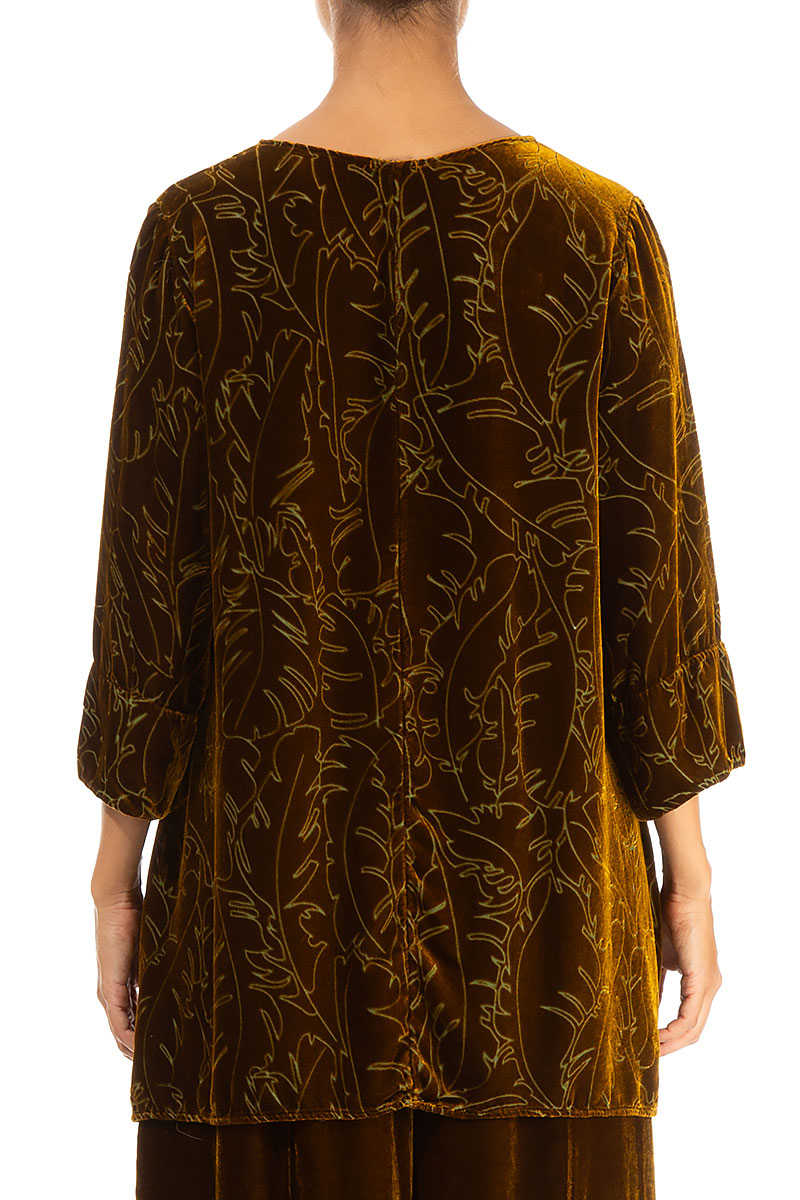 Loose Golden Olive Devoré Feather Silk Velvet Tunic