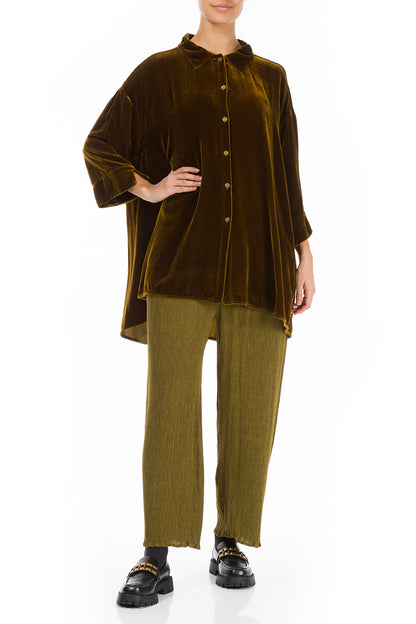 Loose Golden Olive Silk Velvet Shirt