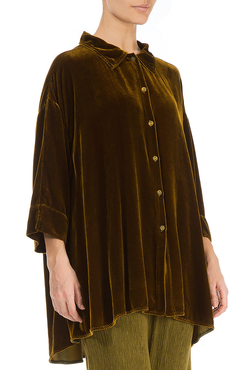 Loose Golden Olive Silk Velvet Shirt