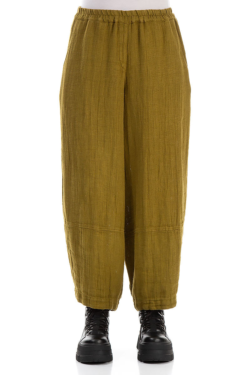 Loose Golden Olive Textured Linen Trousers