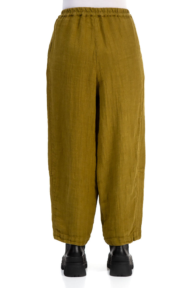 Loose Golden Olive Textured Linen Trousers