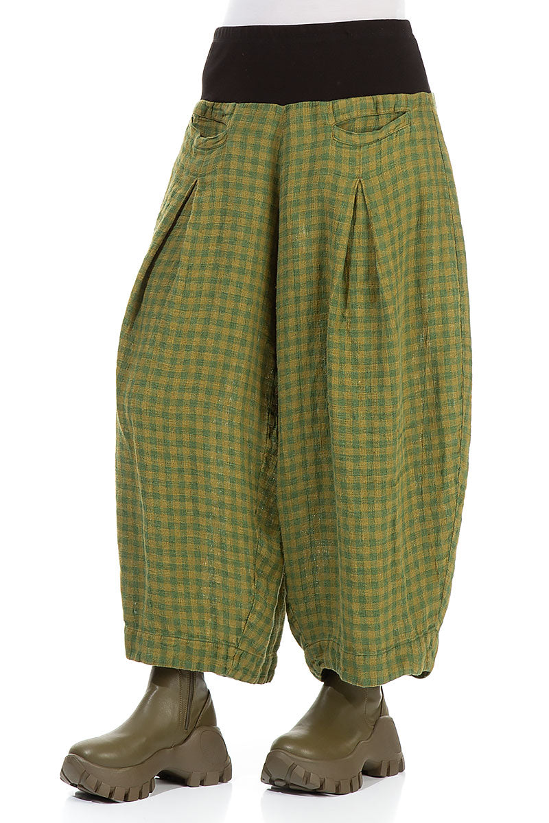 Loose Green Lime Check Linen Trousers 3