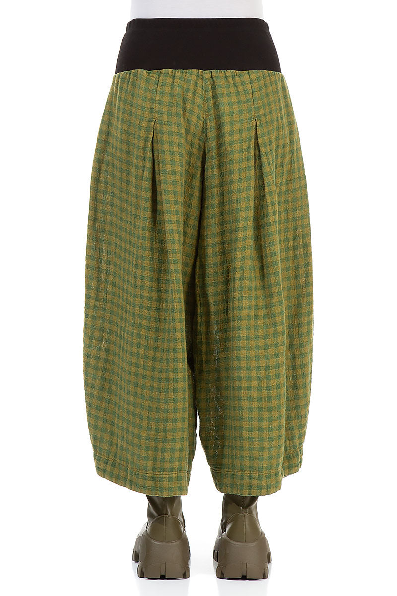 Loose Green Check Linen Trousers