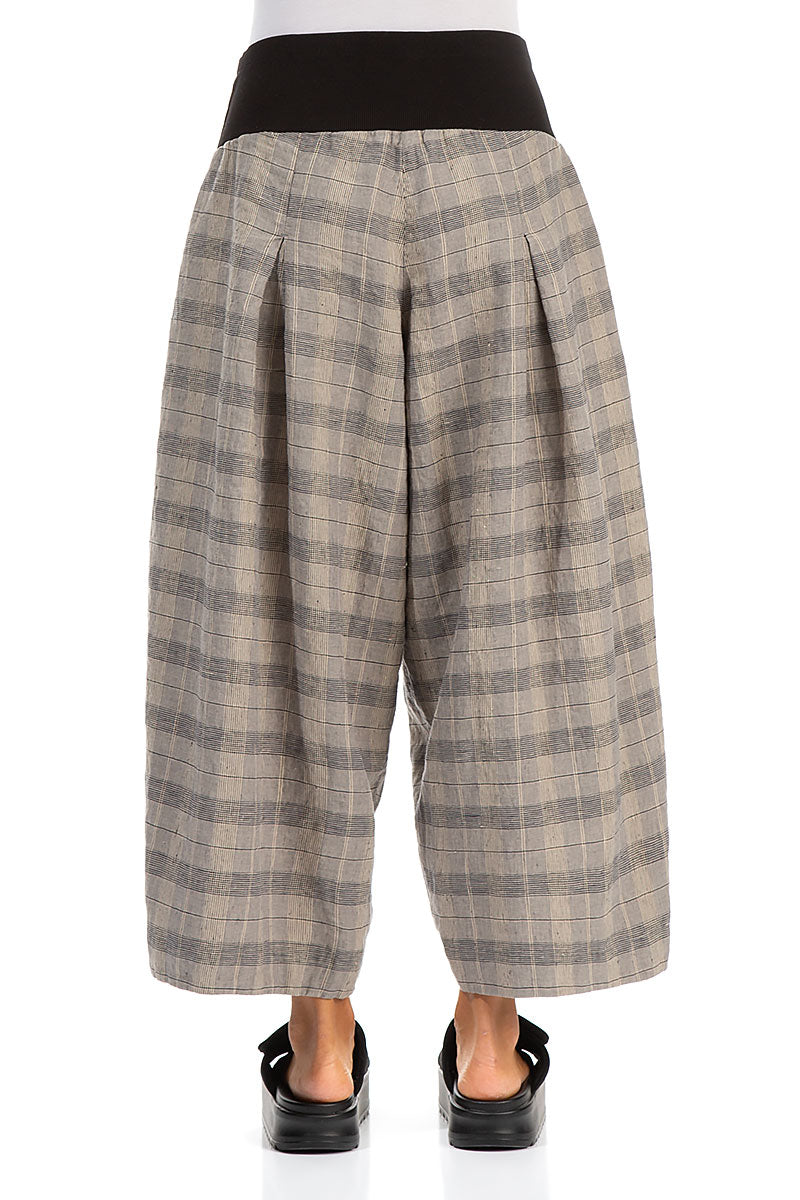 Loose Greige Check Linen Trousers