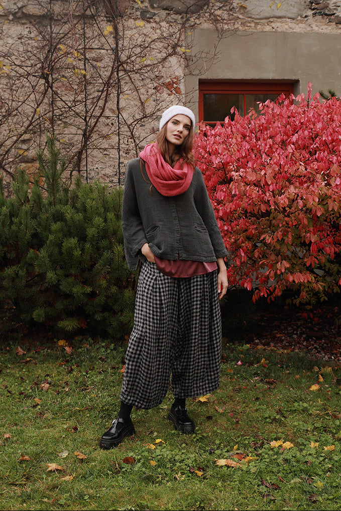 Loose Grey Check Linen Trousers 1