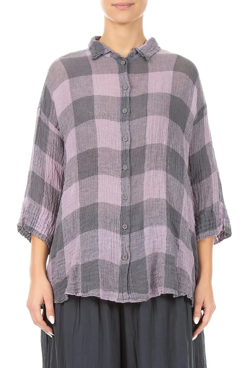 Loose Large Check Lilac Gauze Linen Shirt 1