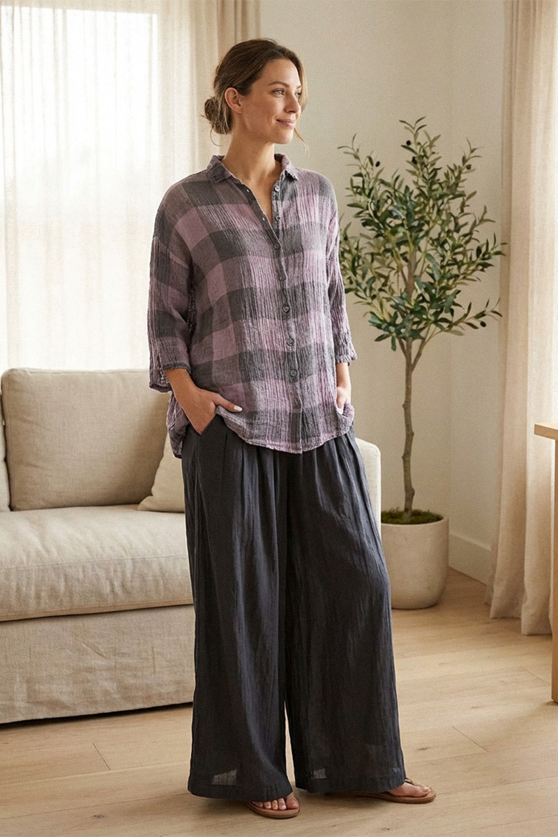 Loose Large Check Lilac Gauze Linen Shirt 1