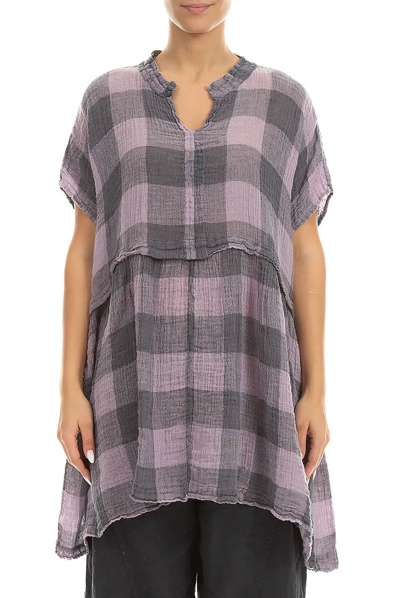 Loose Large Check Lilac Gauze Linen Tunic 1