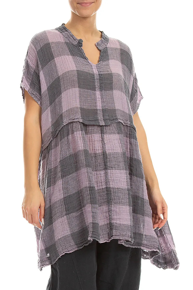 Loose Large Check Lilac Gauze Linen Tunic 3