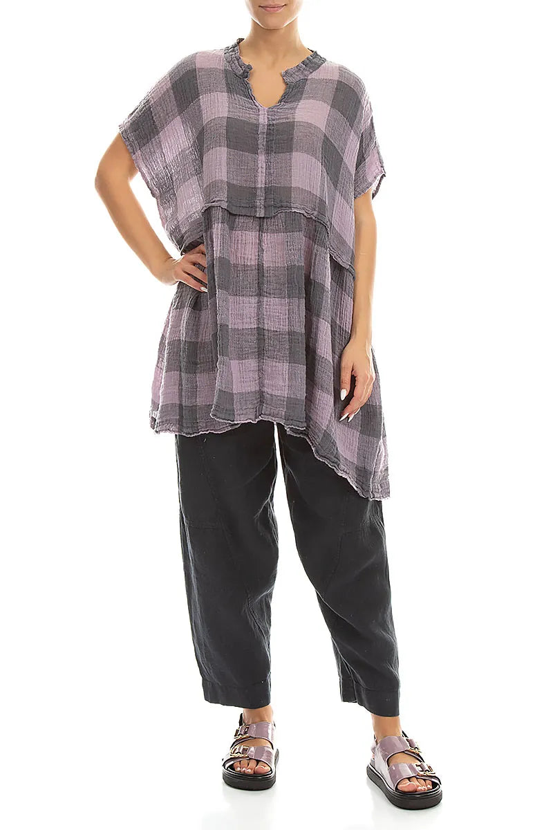 Loose Large Check Lilac Gauze Linen Tunic 4