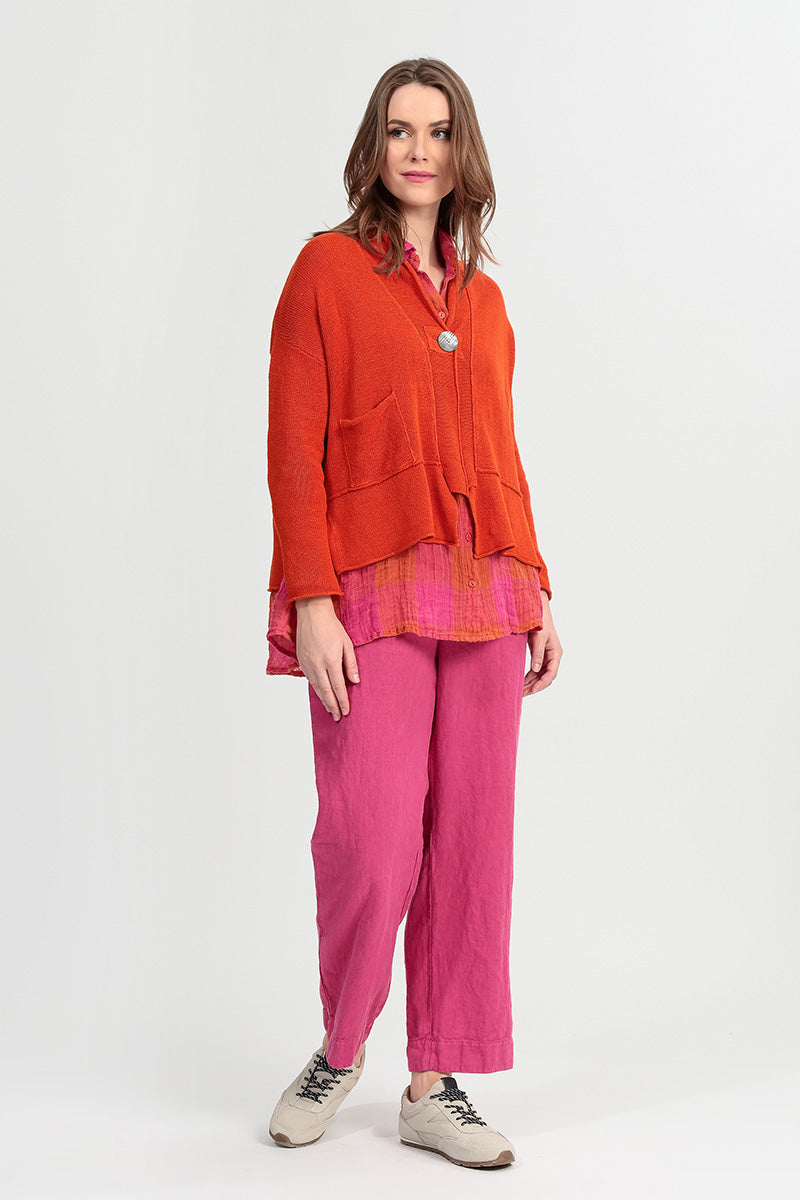 Chemise ample en gaze de lin à grands carreaux rose orange