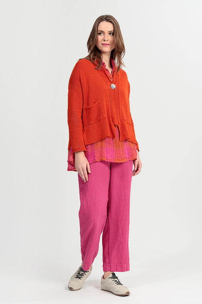 Chemise ample en gaze de lin à grands carreaux rose orange