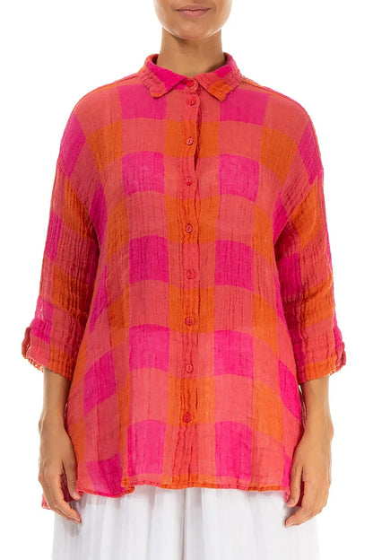 Chemise ample en gaze de lin à grands carreaux rose orange