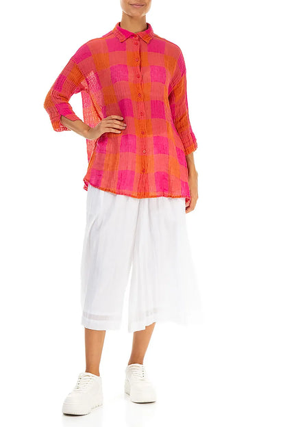 Chemise ample en gaze de lin à grands carreaux rose orange