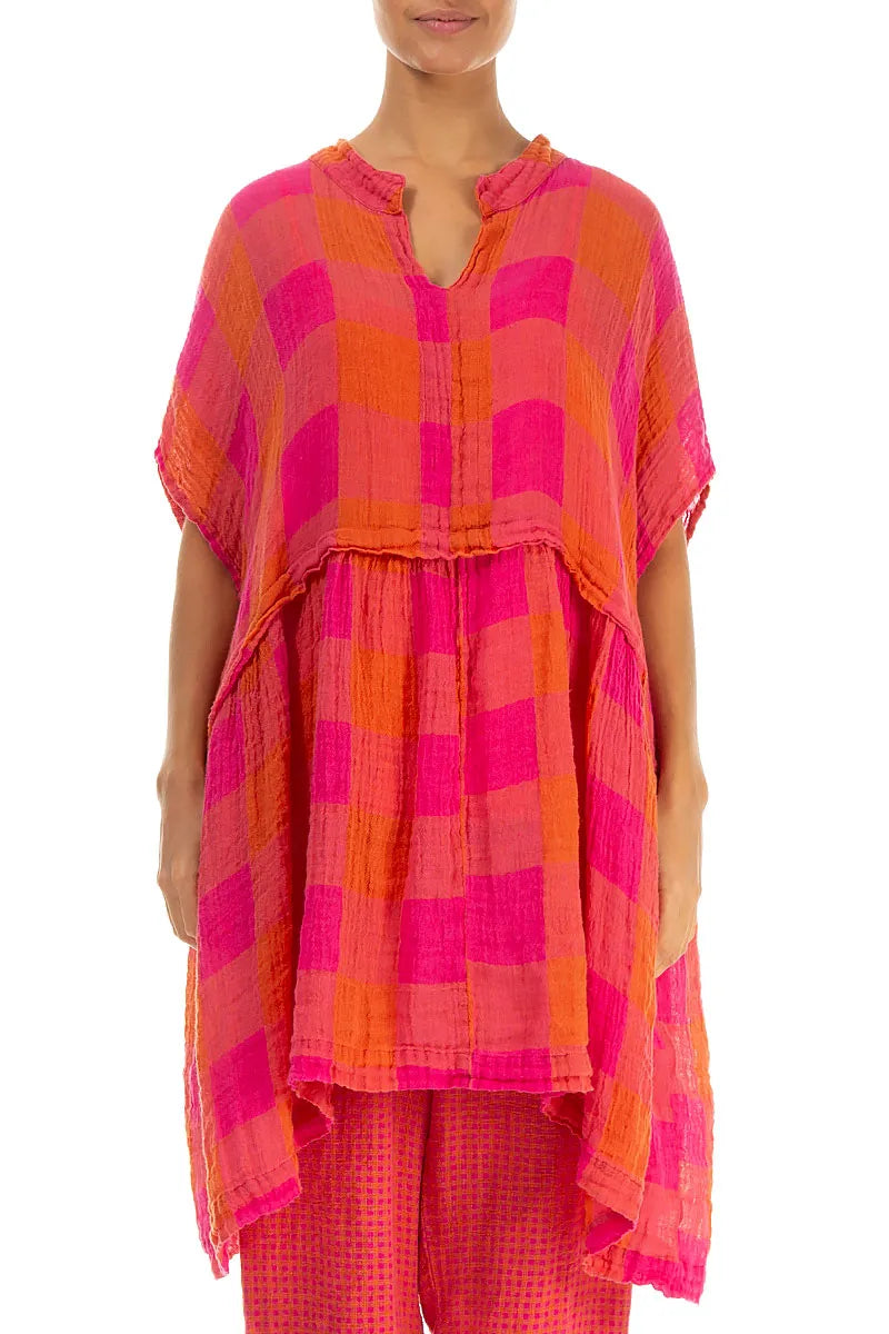 Loose Large Check Pink Orange Gauze Linen Tunic