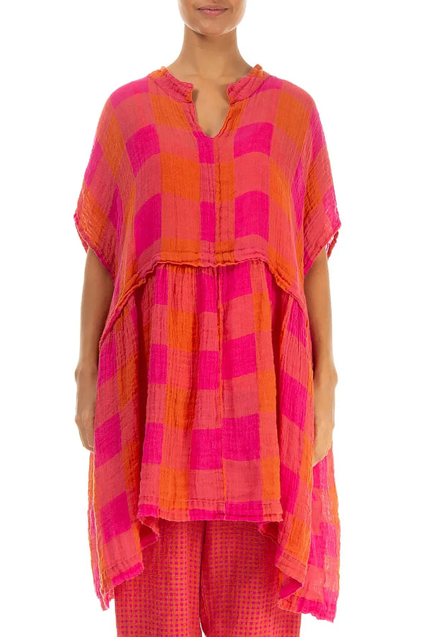 Loose Large Check Pink Orange Gauze Linen Tunic 1