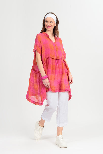 Loose Large Check Pink Orange Gauze Linen Tunic