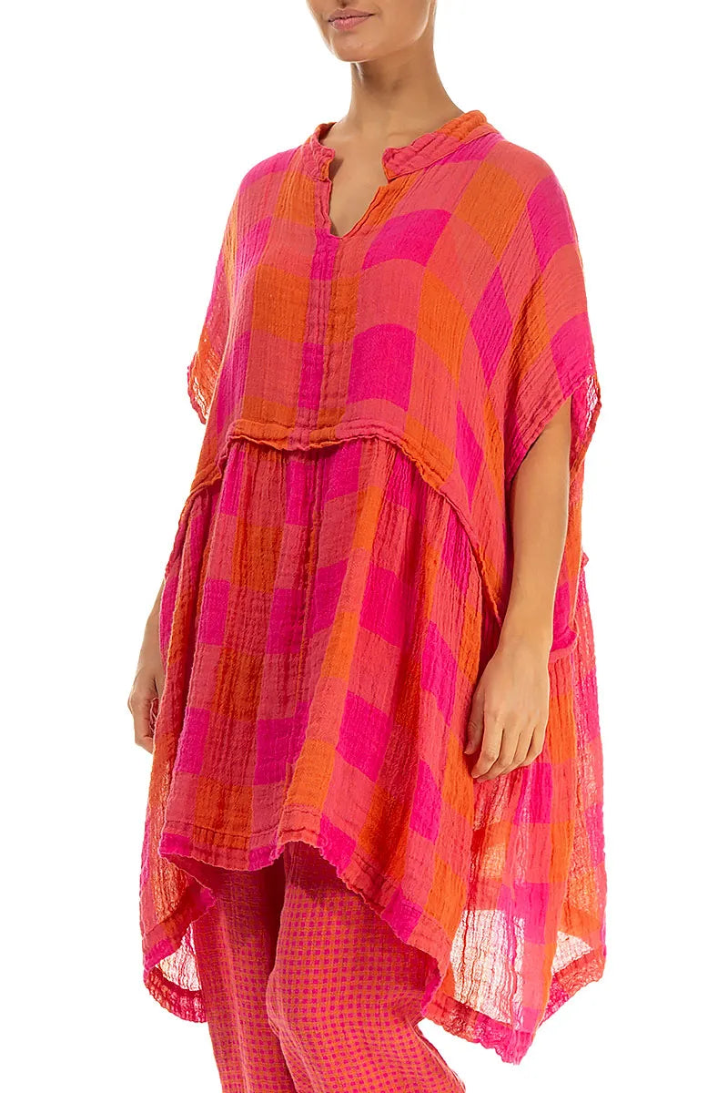 Loose Large Check Pink Orange Gauze Linen Tunic