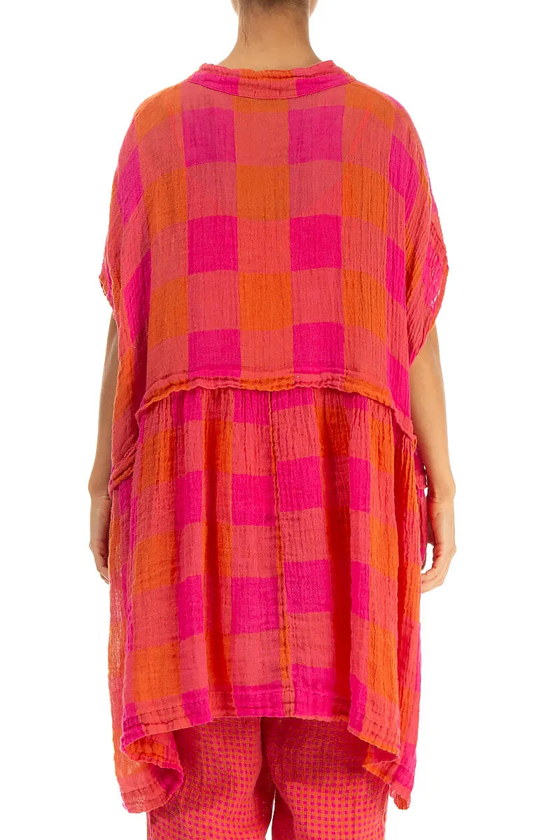 Loose Large Check Pink Orange Gauze Linen Tunic 2
