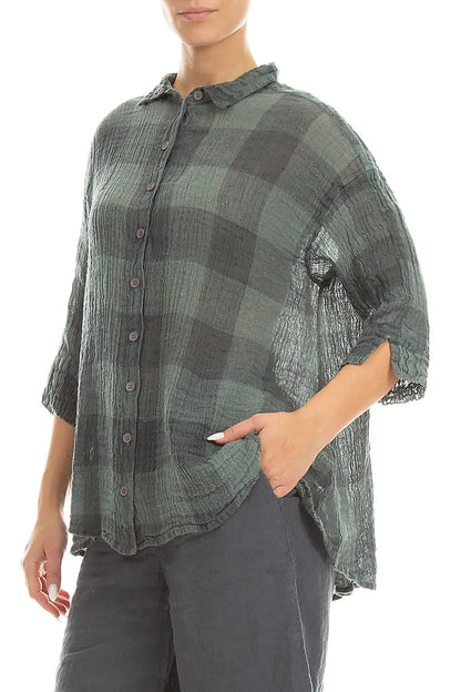 Loose Large Check Sage Gauze Linen Shirt 3