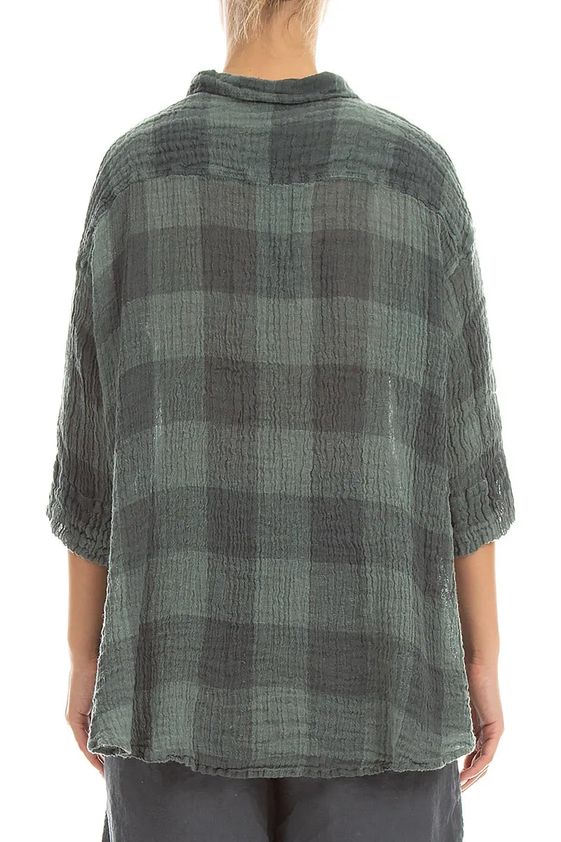 Loose Large Check Sage Gauze Linen Shirt 2