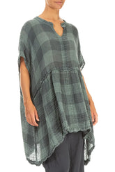 Loose Large Check Sage Gauze Linen Tunic 3
