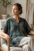 Loose Large Check Sage Gauze Linen Tunic 1