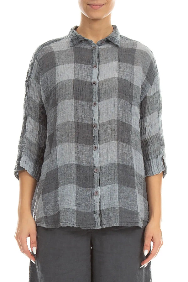 Loose Large Check Silver Grey Gauze Linen Shirt 1